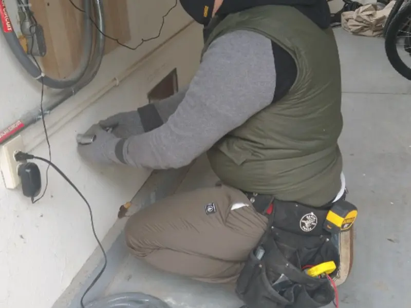 Electrician performing outlet wiring in a Groesbeck garage